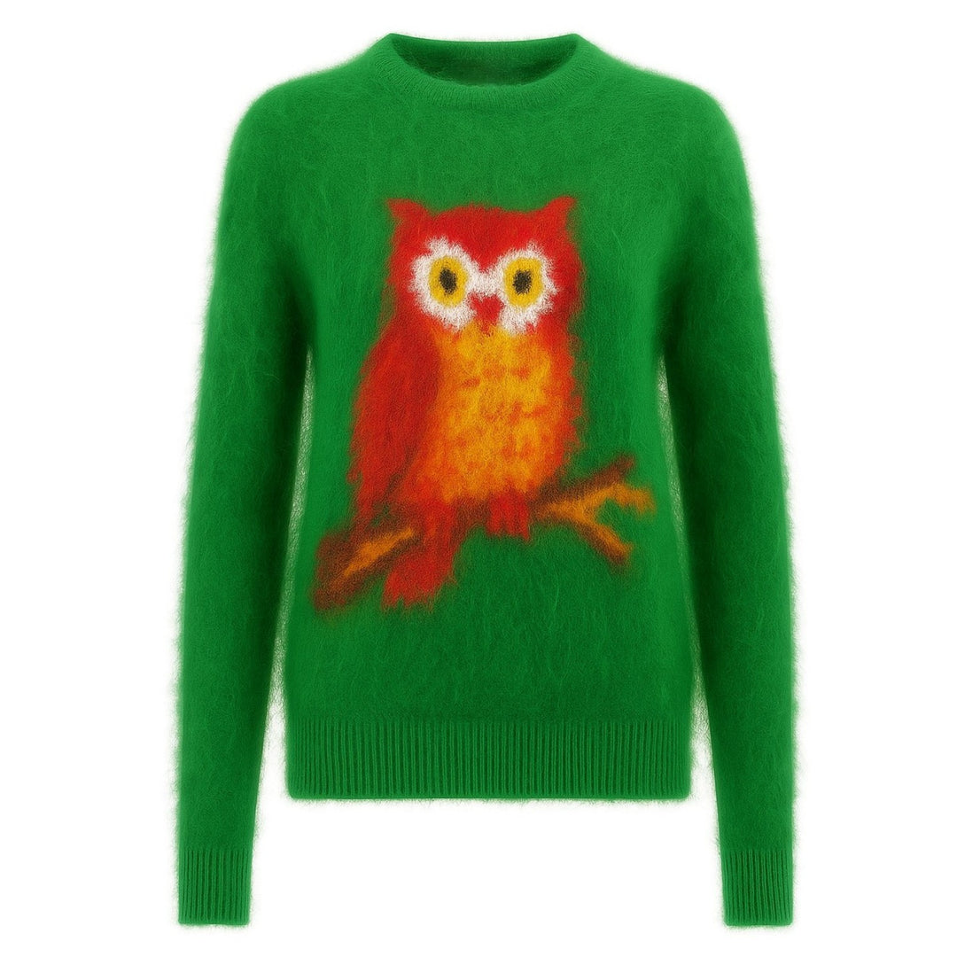 Jersey de punto de mujer de felpa en jacquard con búhos verdes