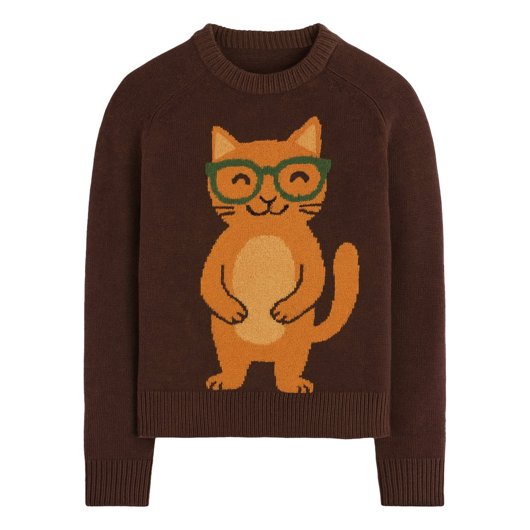Jersey de punto jacquard gato marrón para mujer - Talla corta