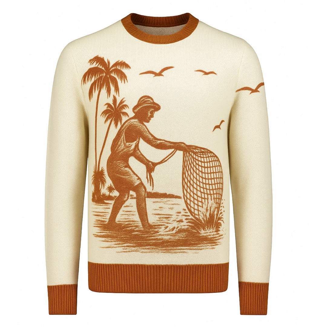 Orange brun 50-tals vintagemönstrad jacquardtröja för män