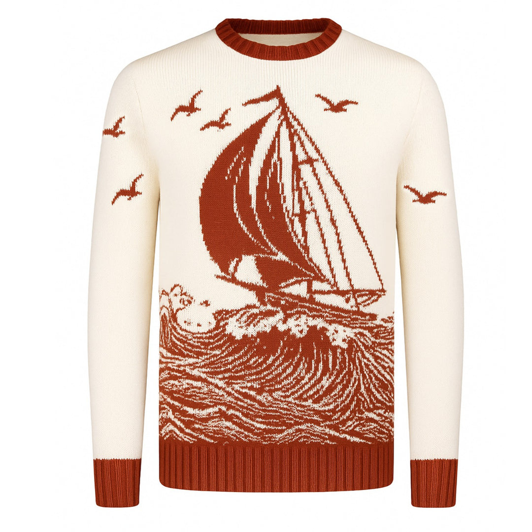 Men's red brown 1960s vintage jacquard sweater