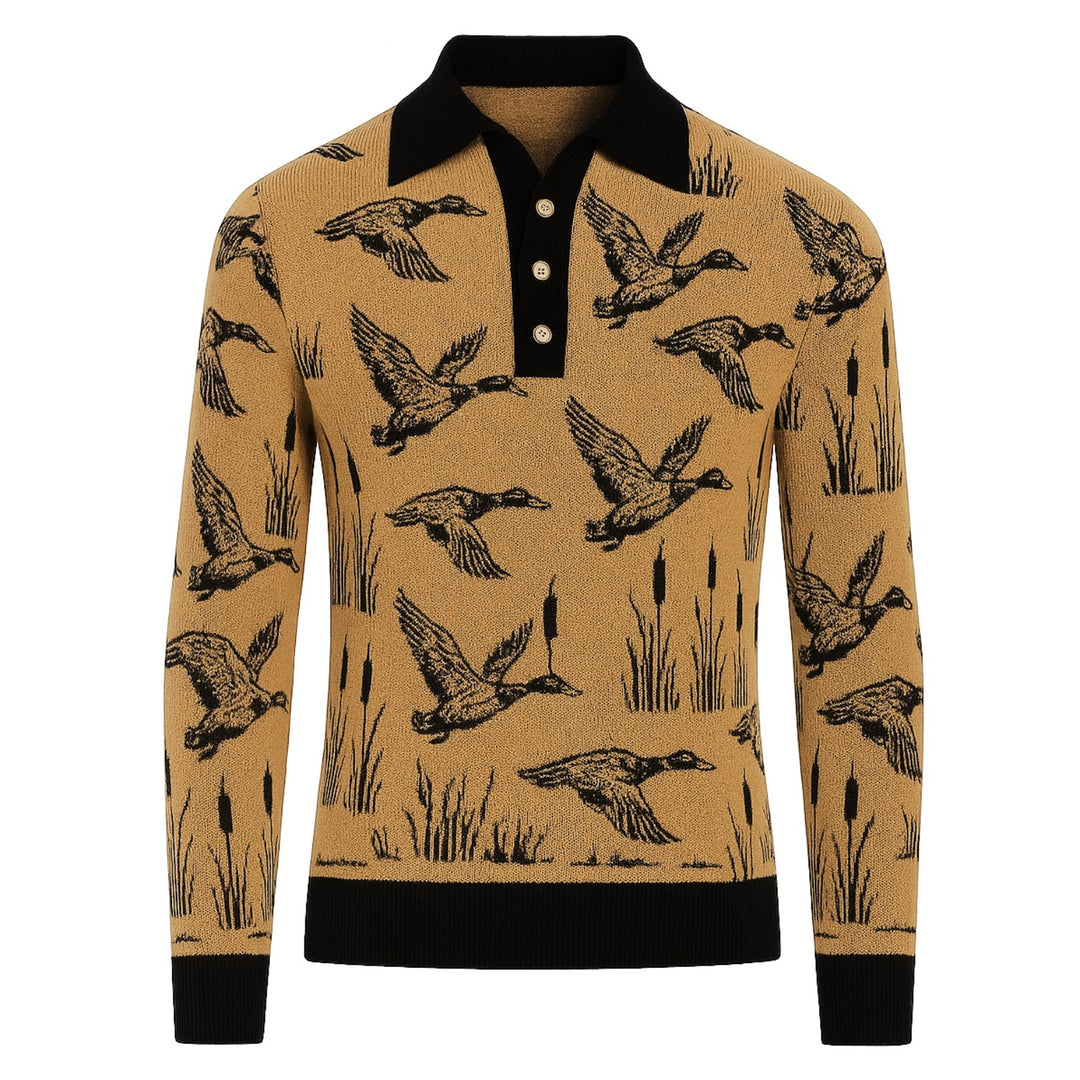 Men's khaki animal jacquard vintage knitted polo shirt