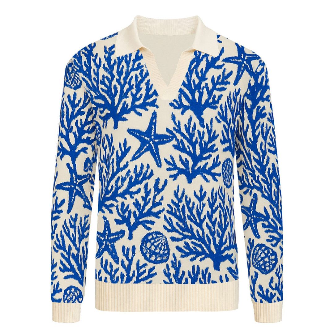 Polo da uomo con scollo a V in maglia jacquard moda blu