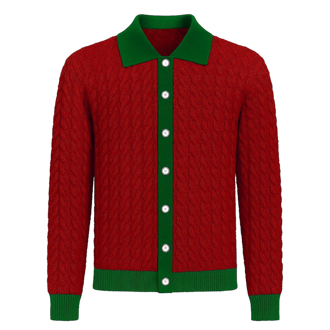 Rød strikket cardigan i kontrastfarge for menn