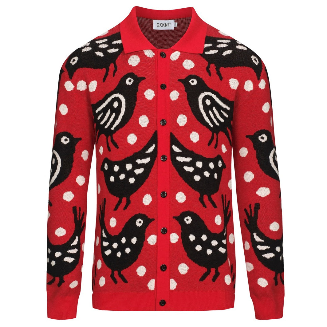 Cardigan Uomo Rosso Vintage OXKNIT | Motivo Uccello Jacquard | Scollo A V | 45% Cotone, 50% Poliestere, 5% Elastan