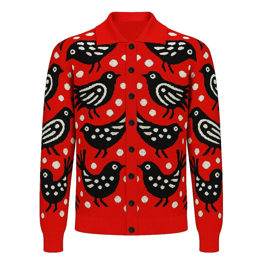 Men's red Bird vintage jacquard cardigan