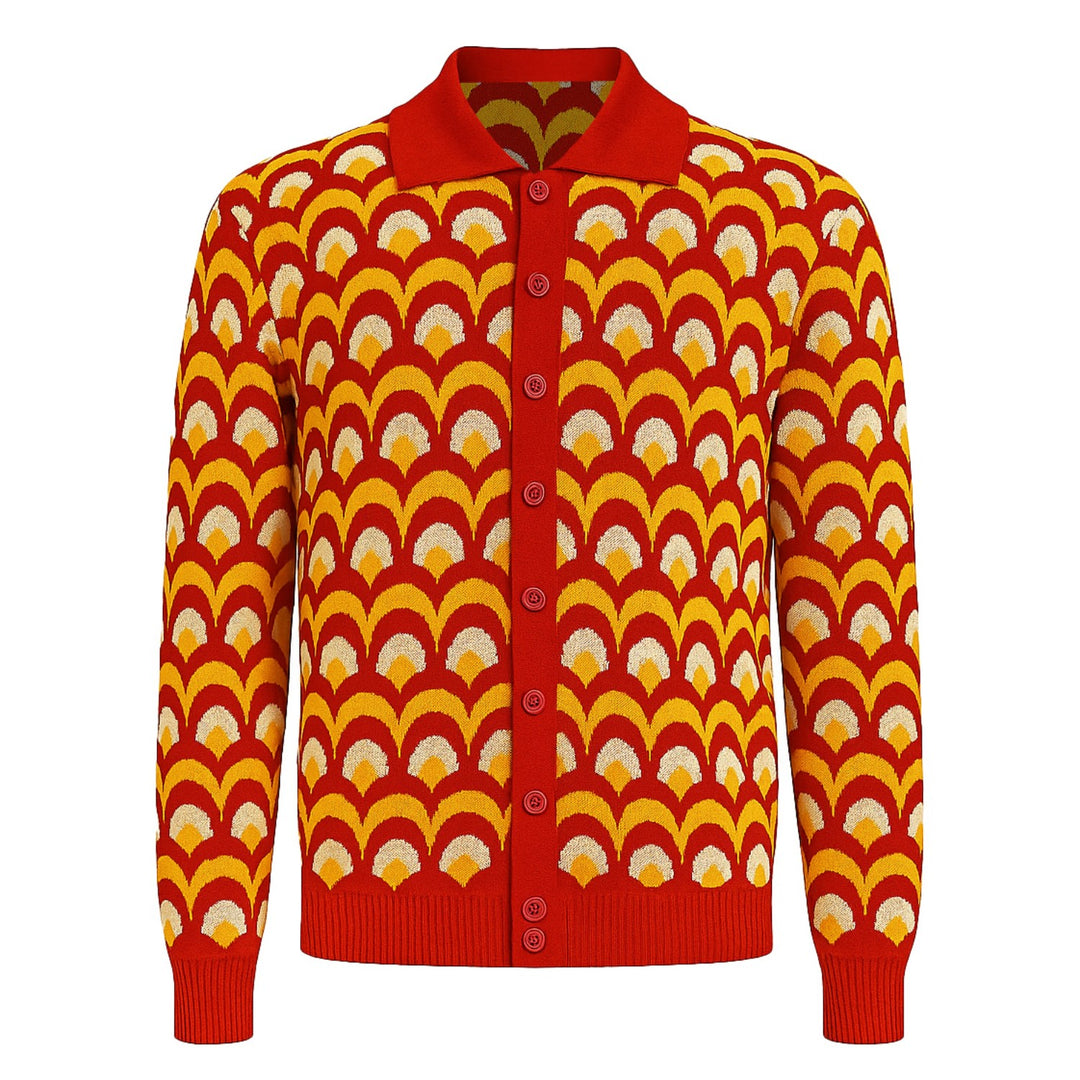 Roter geometrischer Strick-Cardigan für Herren im Stil der 60er Jahre