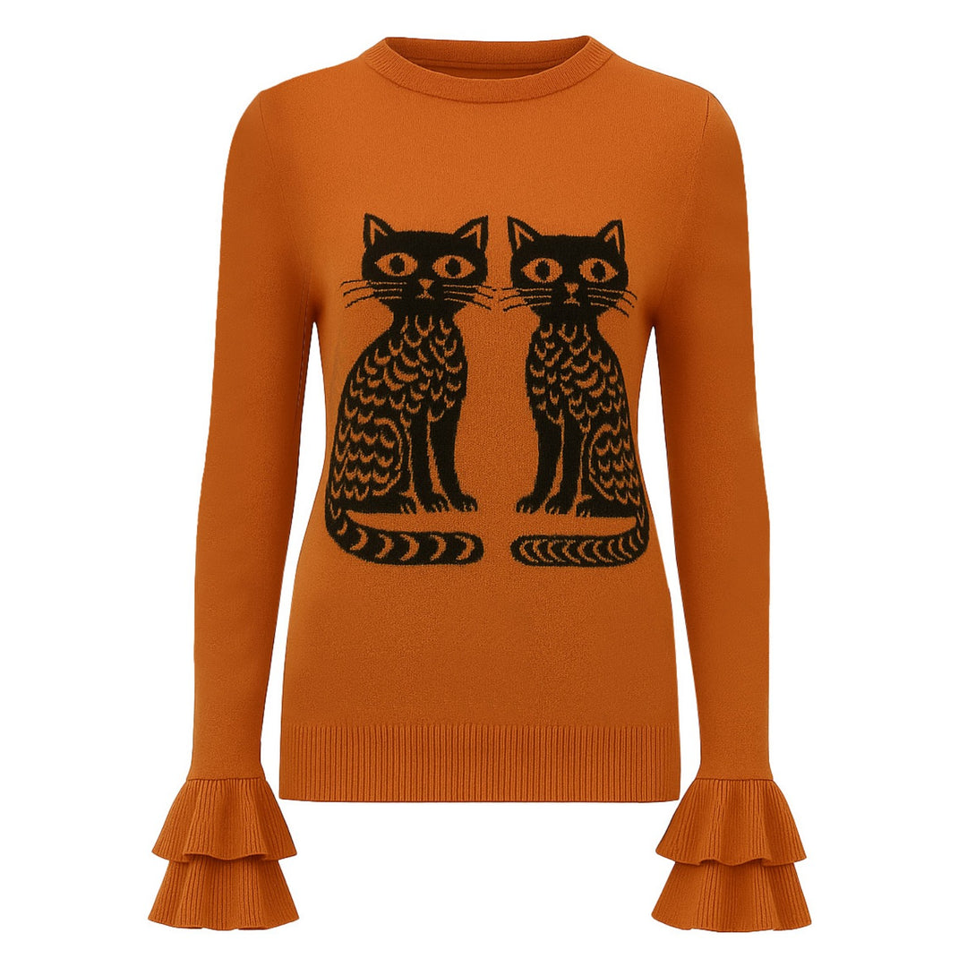 Malhas femininas com design jacquard de gato laranja e babados