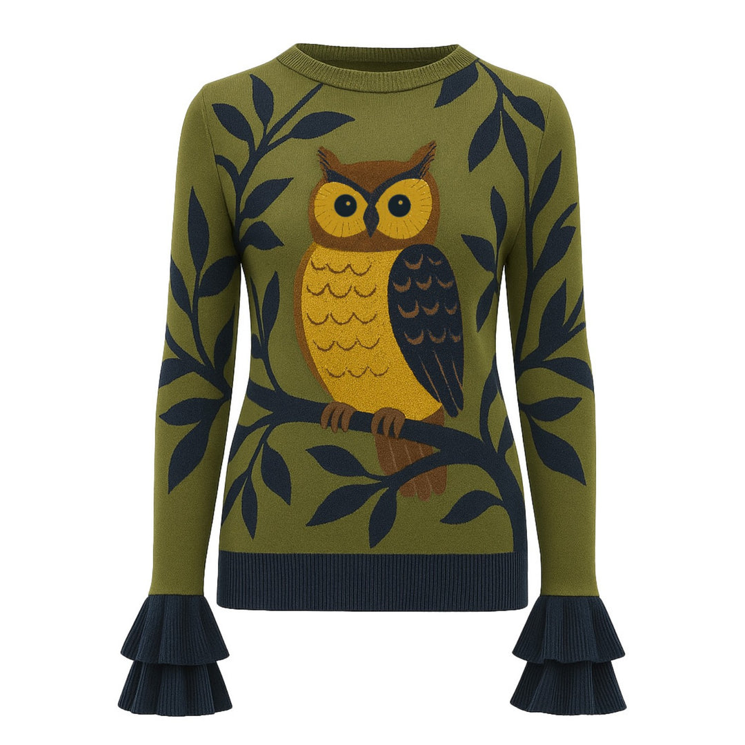 Maglieria da donna con volant jacquard disegno gufo verde