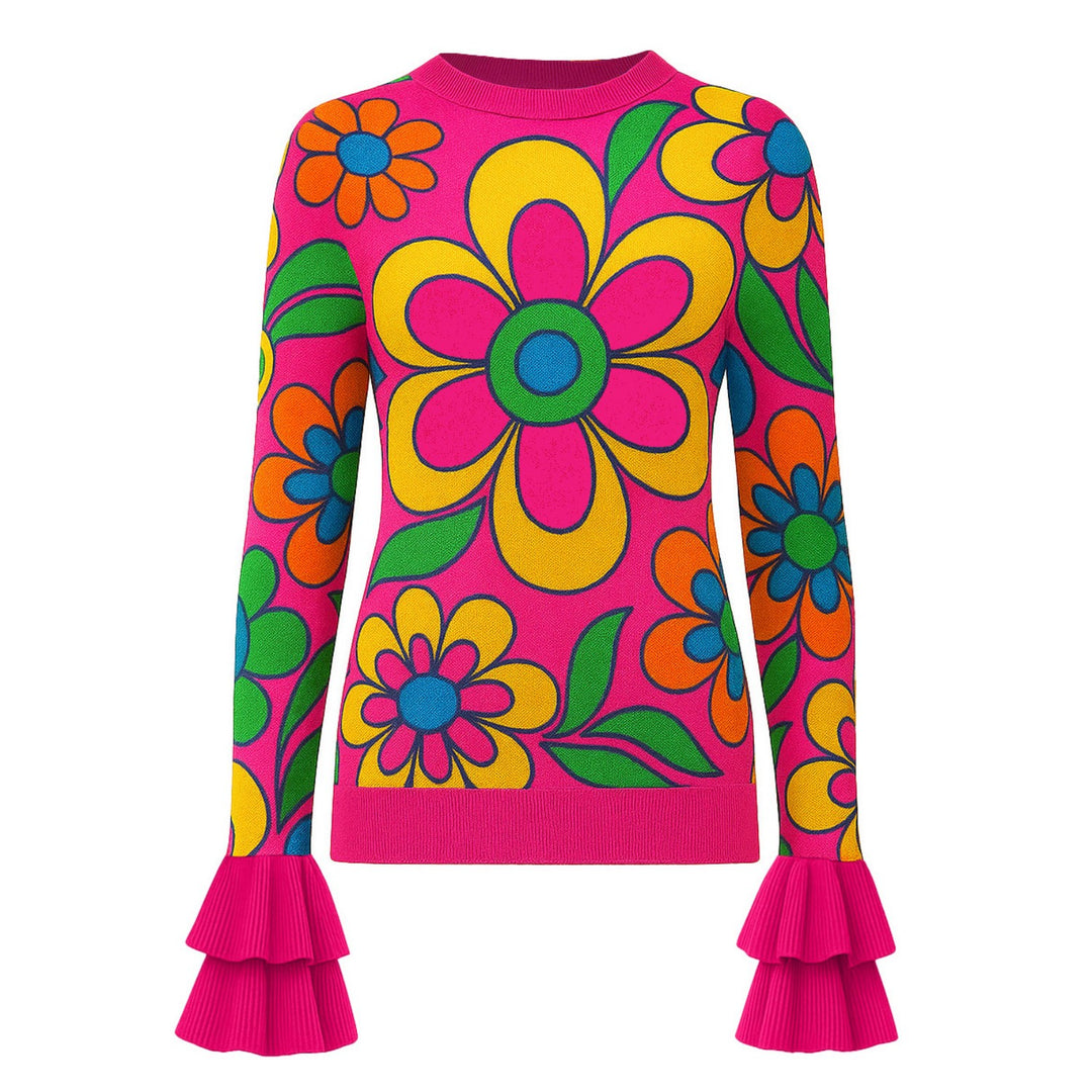 Γυναικείο πλεκτό ροζ φλοράλ με βολάν