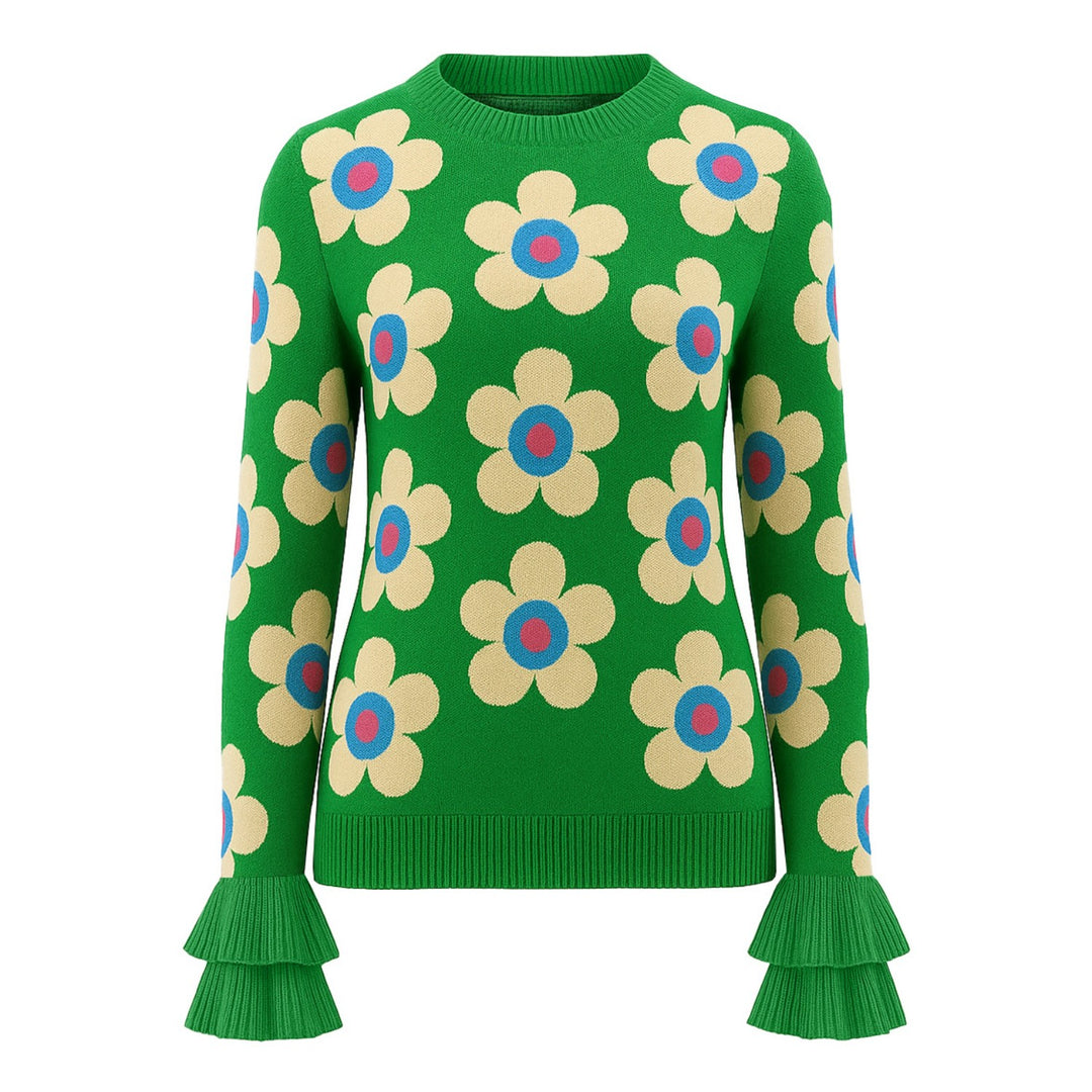 Γυναικείο πλεκτό λουλουδάτο με βολάν με βολάν