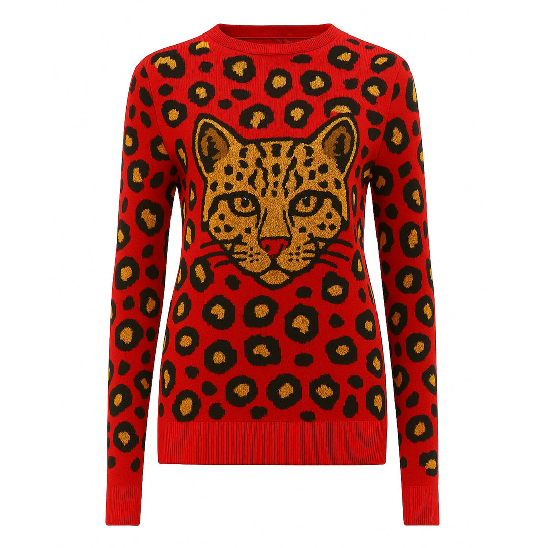 Women's red leopard print retro casual knitwear