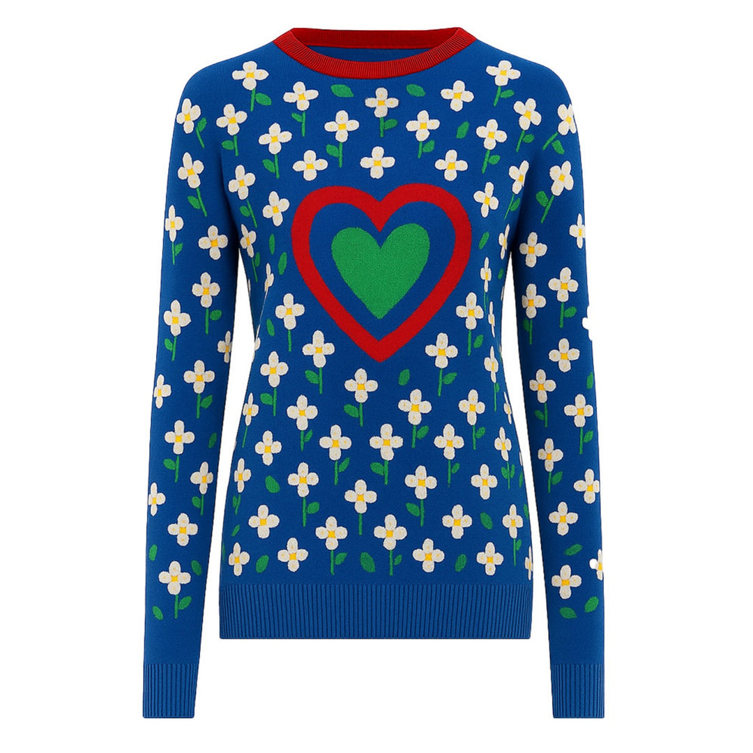 Maglieria casual retrò da donna a forma di cuore floreale blu