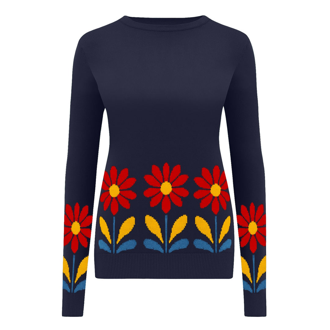 Women's deep blue flowers college style jacquard knitwear