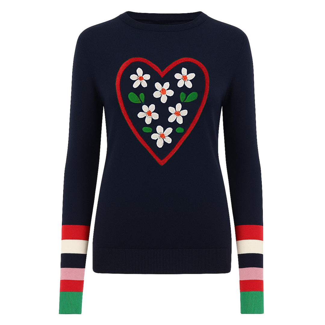 Women dark blue ancient love flowers college style knitwear