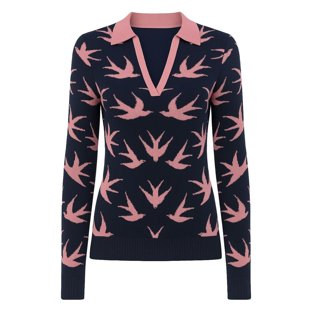 Women's navy blue swallow jacquard V-neck knitwear