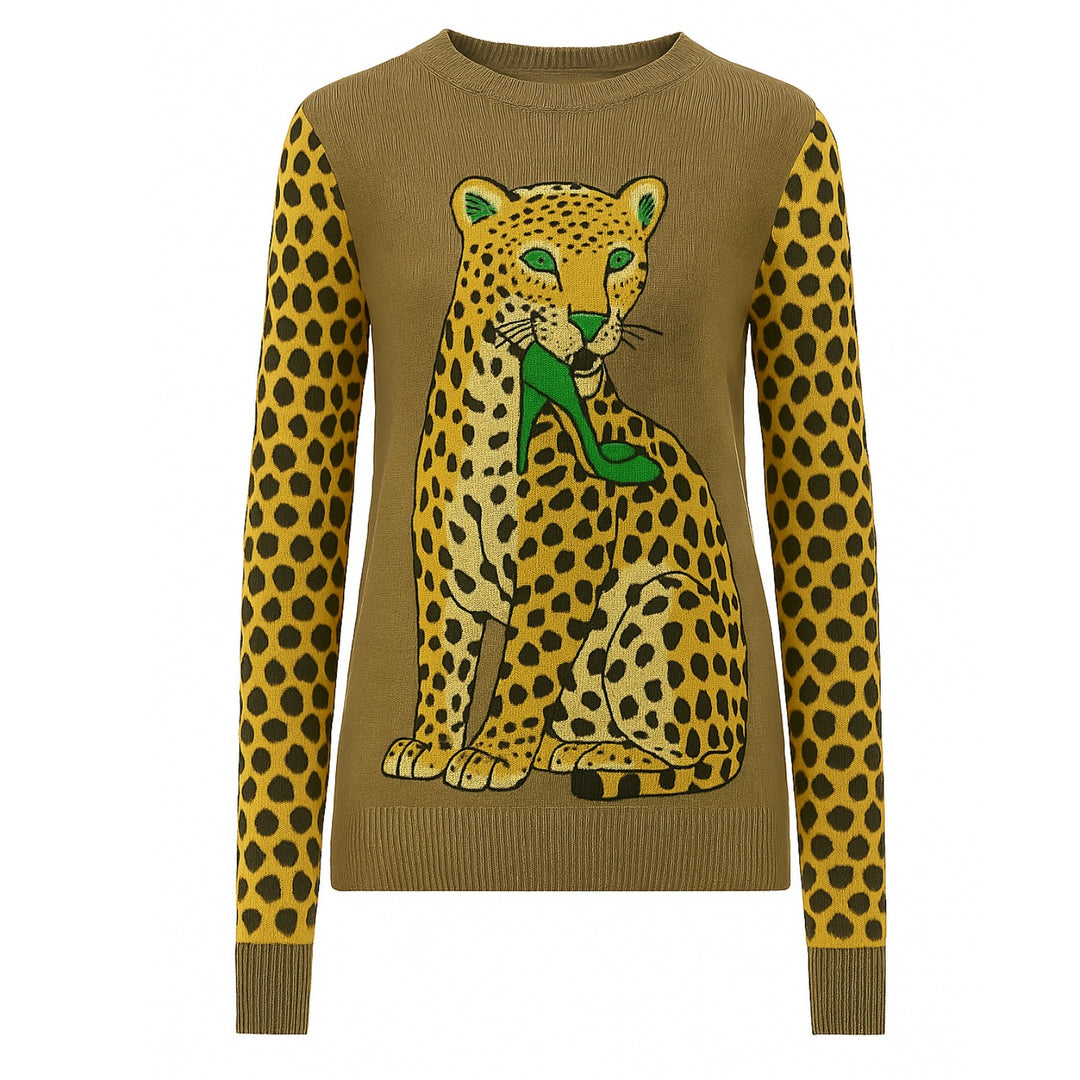 Malhas jacquard cáqui leopardo animal feminino