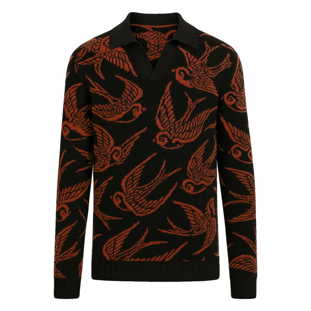 Polo da uomo in maglia jacquard nera con rondine e scollo a V