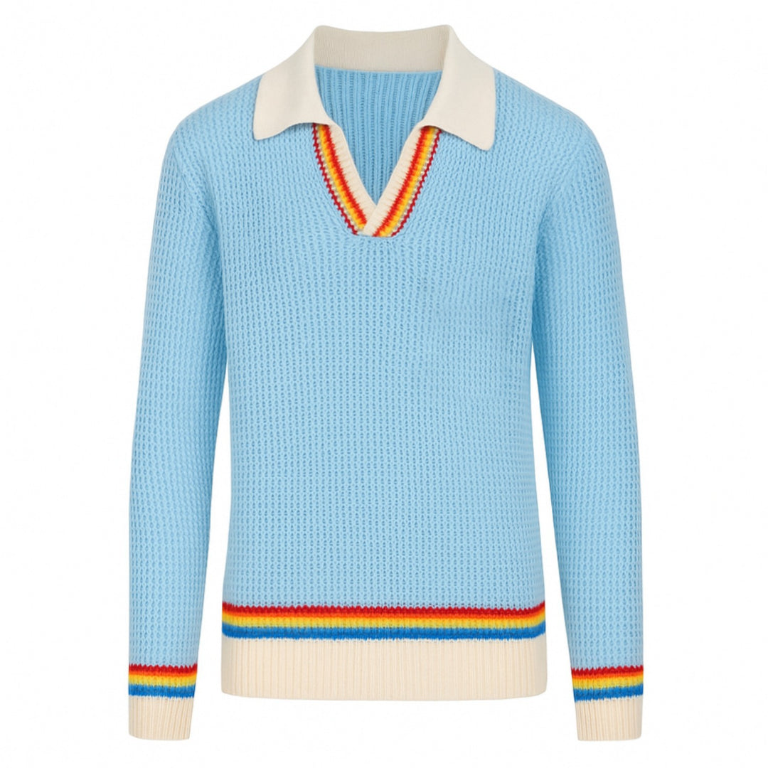Men's blue preppy V-neck knitted polo shirt