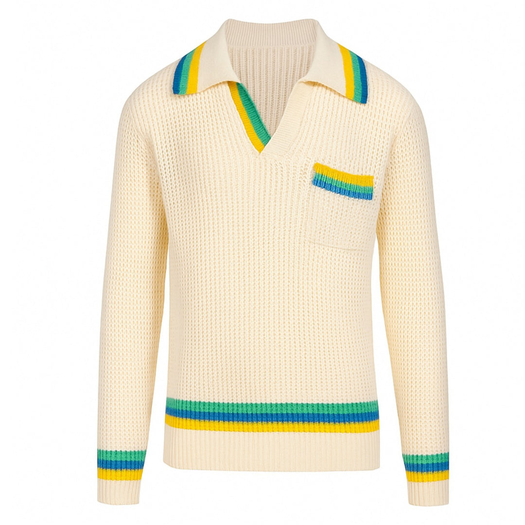 Preppy-Strickpoloshirt mit V-Ausschnitt für Herren in Weiß und Aprikose mit Tasche