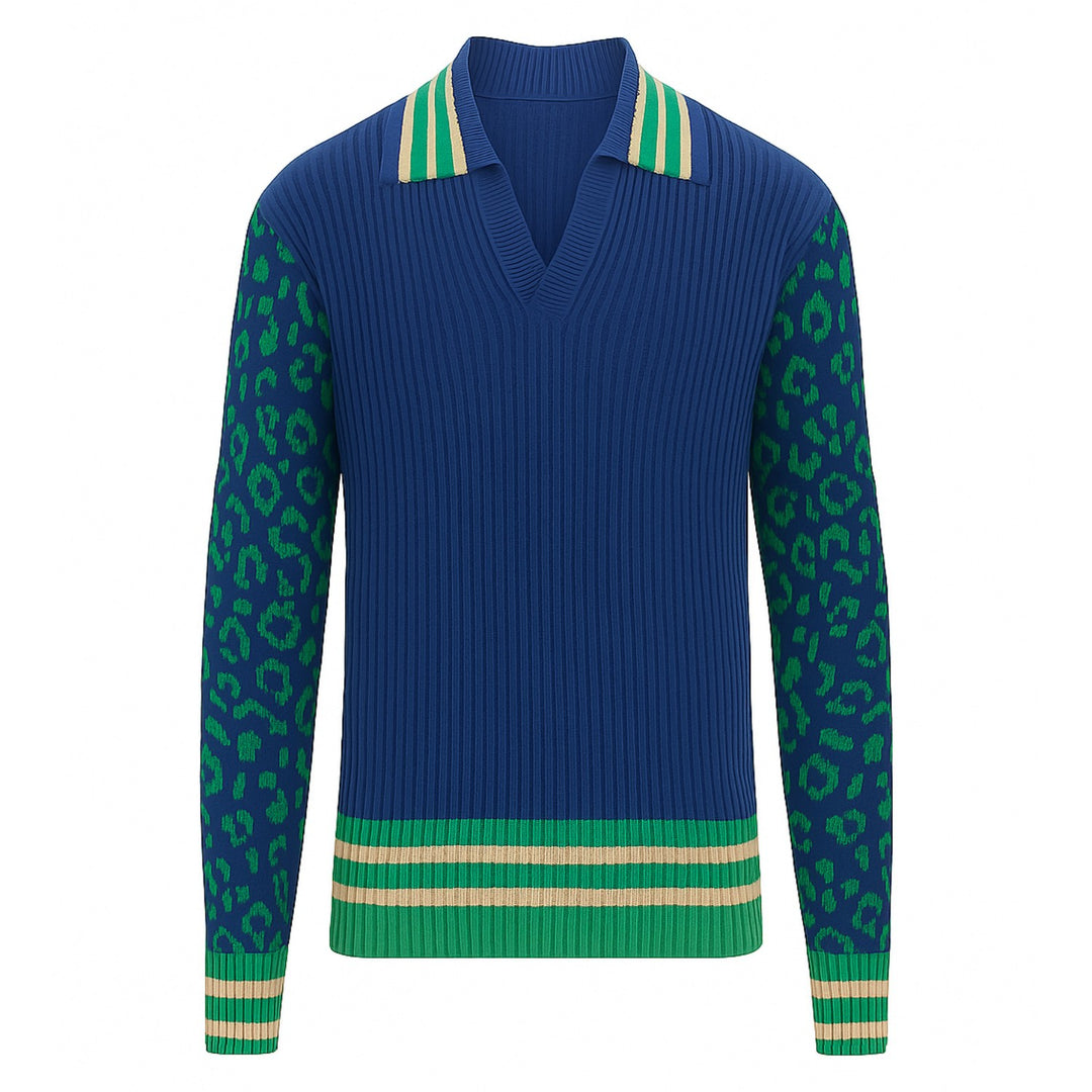 Blau gestricktes Herren-Poloshirt mit Leopardenmuster und V-Ausschnitt