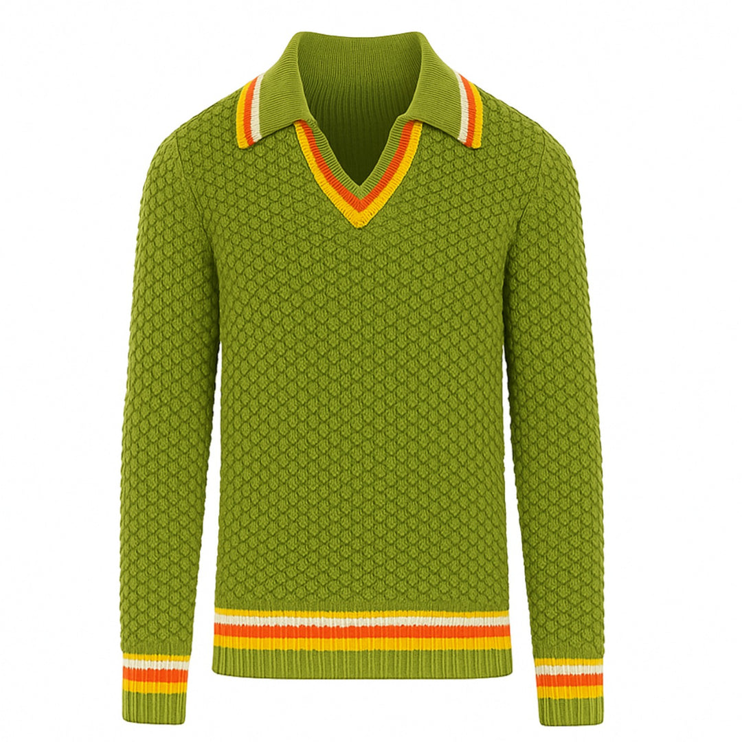 Grünes Herren-Poloshirt mit gestrickter Struktur und Streifen mit V-Ausschnitt