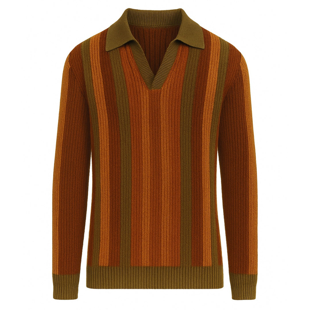 Men's brown vintage preppy striped V-neck polo