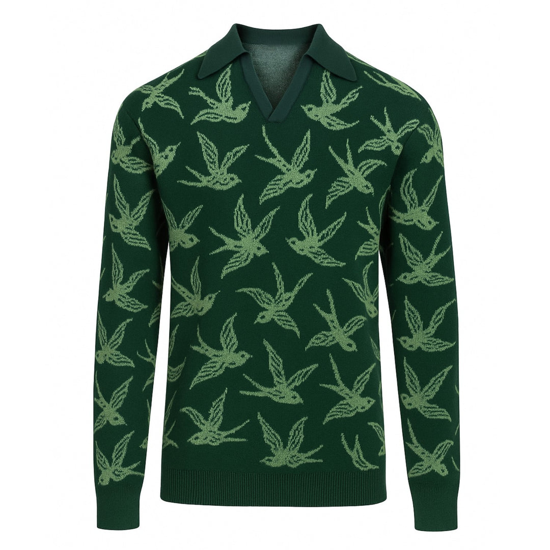 Men's green swallow jacquard V-neck polo shirt
