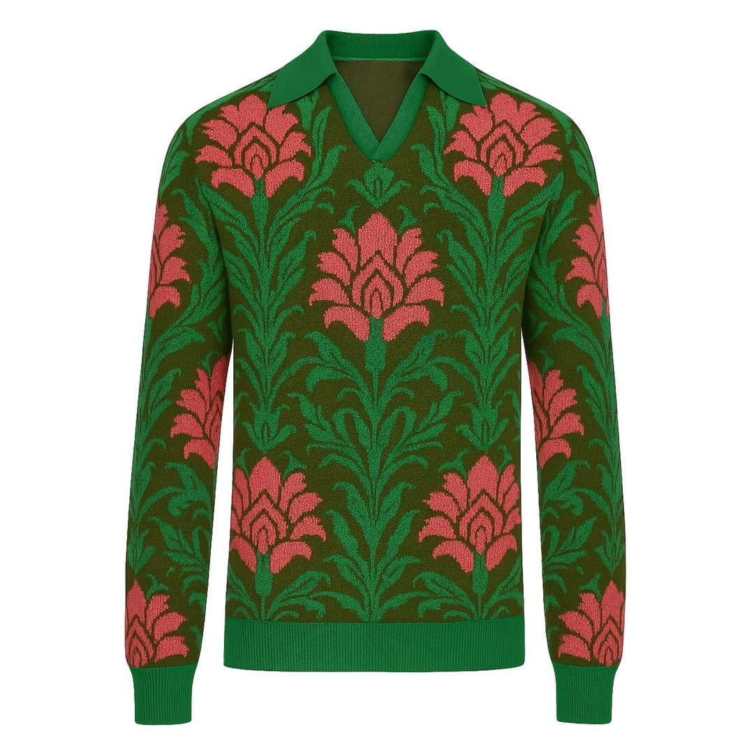 Polo da uomo con scollo a V in maglia jacquard verde foglia fiore