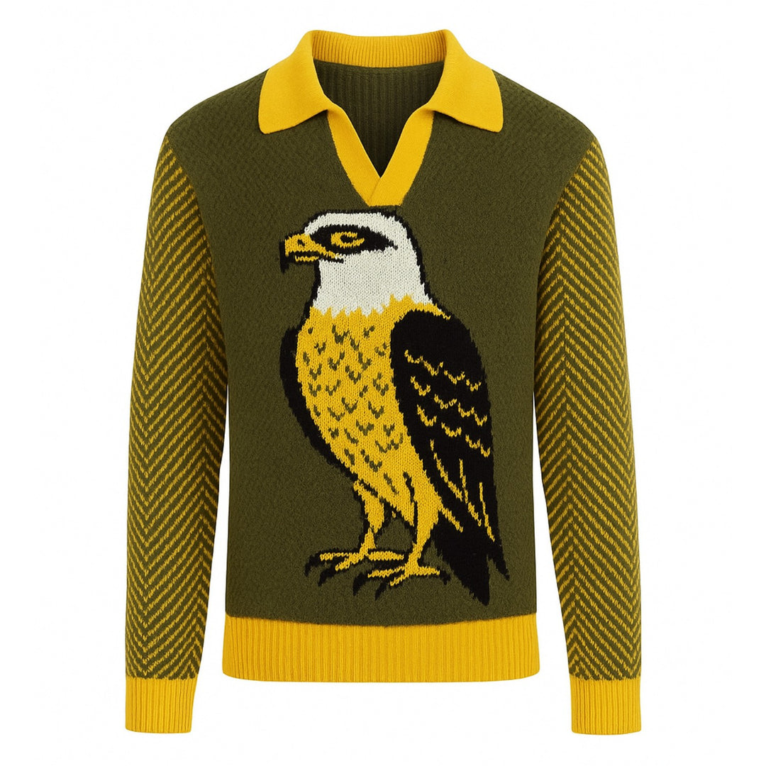 Herren-Poloshirt aus grünem Adler-Jacquard-Strick mit V-Ausschnitt