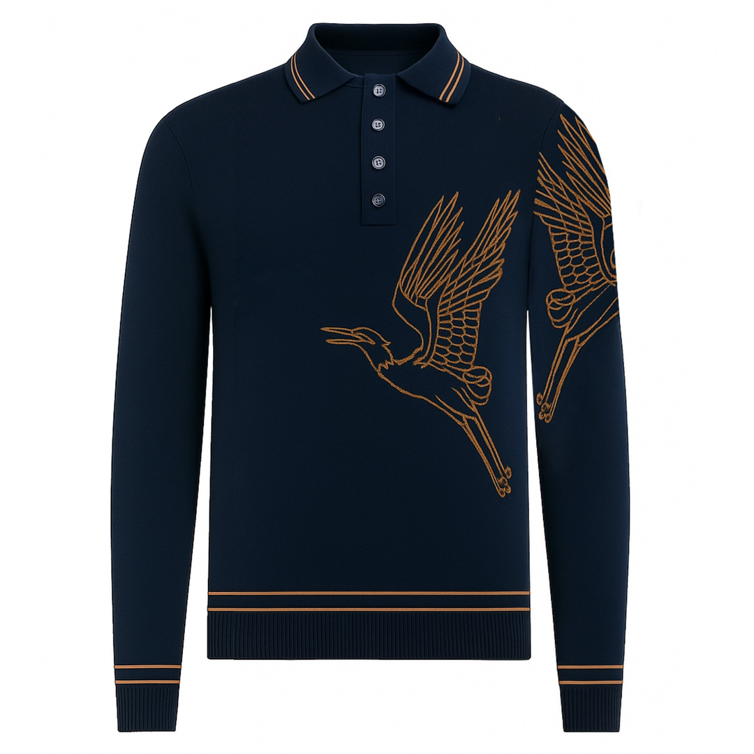 Men's navy Flying Crane art jacquard knitted polo shirt