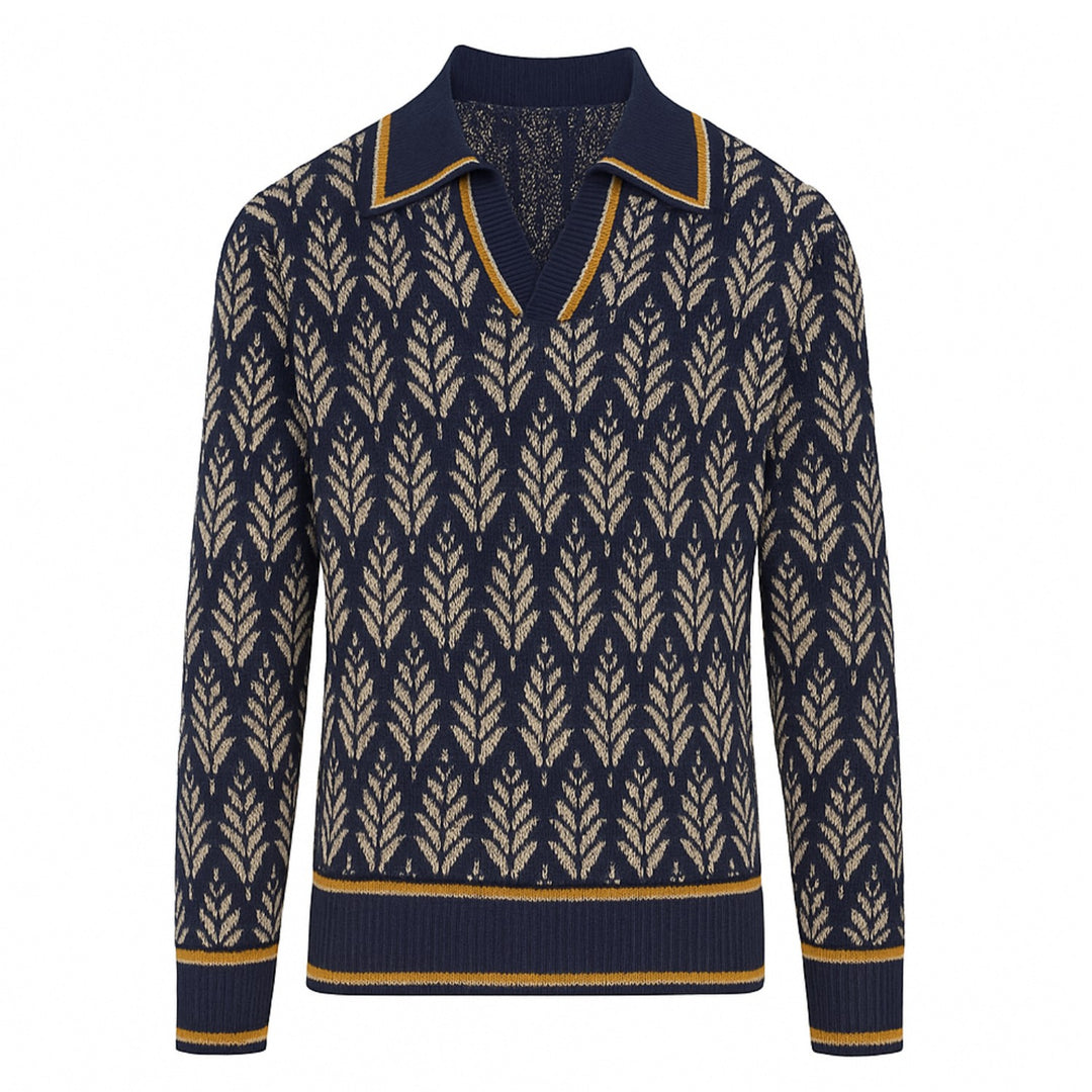 Men's navy 70's jacquard V-neck polo shirt
