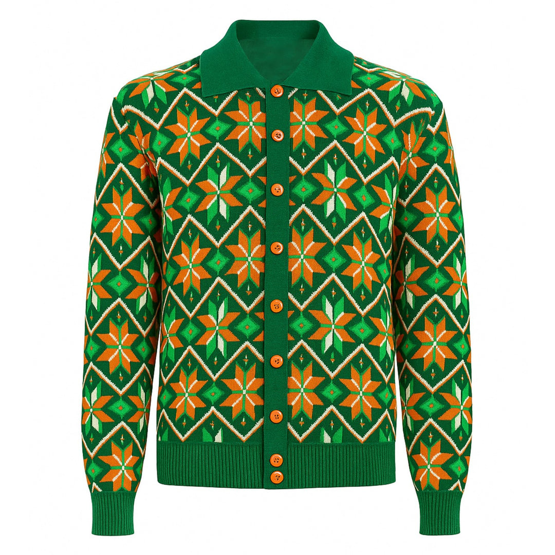 Men's green vintage fashion jacquard cardigan