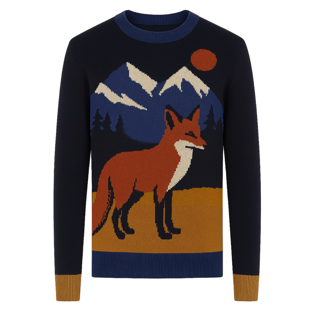 Men's dark blue fox jacquard vintage knitwear