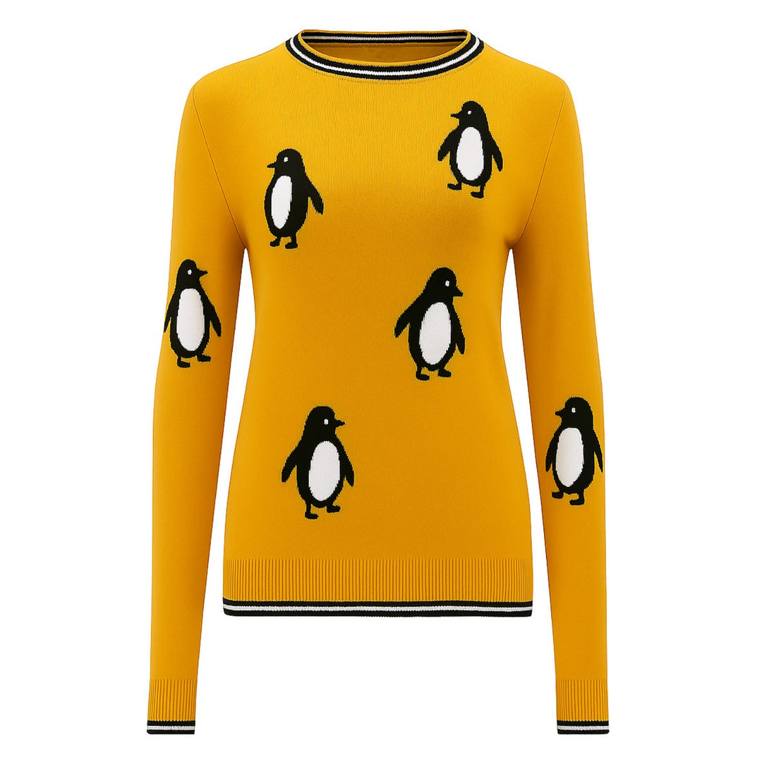 Women's vintage yellow penguin art crewneck knitwear