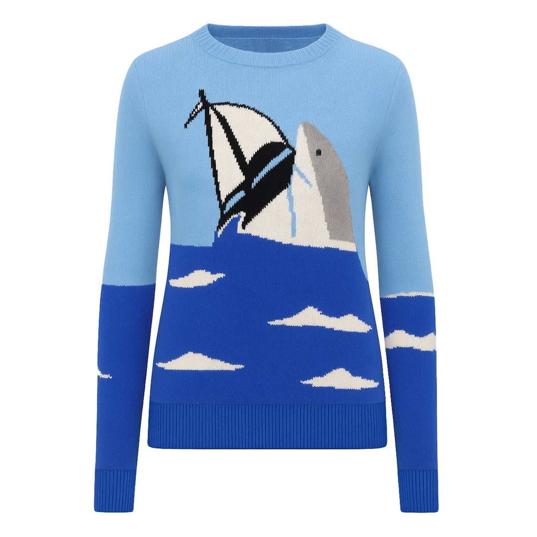 Women's blue vintage art crew-neck knitwear