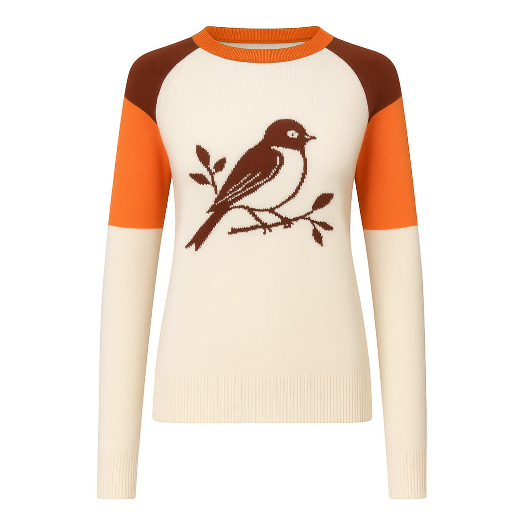 Prendas de punto a cuadros con cuello redondo y pájaros retro de color albaricoque blanco para mujer