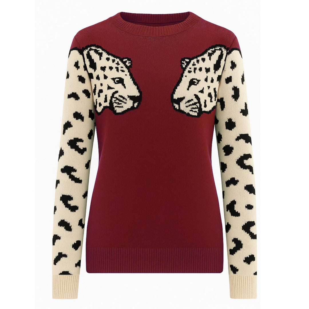 Women's red vintage animal print crew neck knitwear