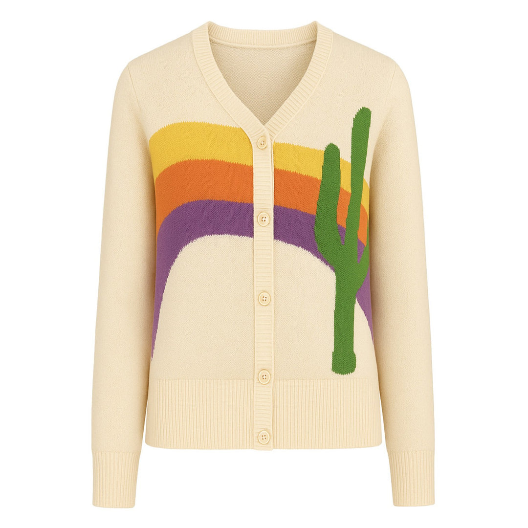 Women's White Apricot Vintage Striped Jacquard Knit Cardigan