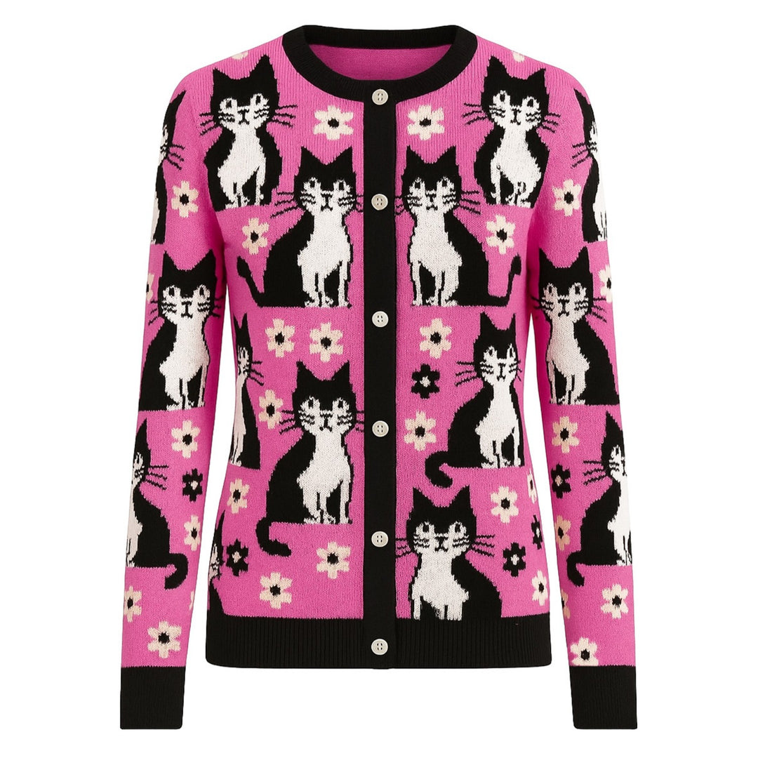 Damen-Strickjacke aus rosa Retro-Art-Katzen-Jacquard