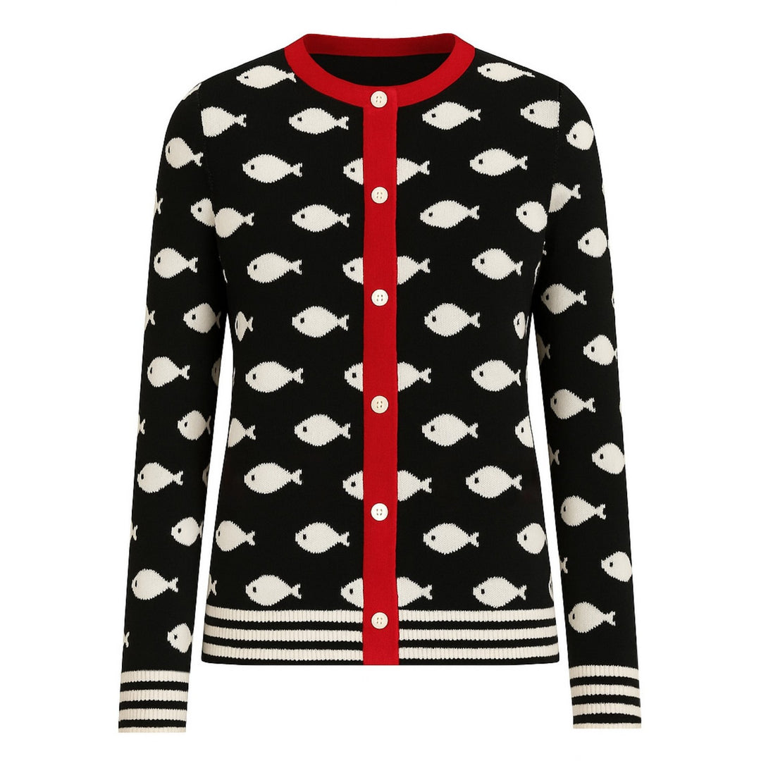 Schwarzer Damen-Cardigan mit Fischmuster im Retro-Stil