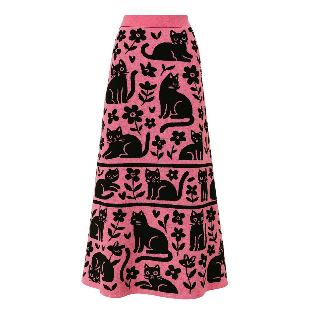 Vestido de mujer de punto retro rosa con estampado de gatos