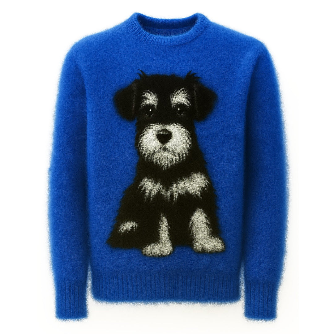 Blauer Vintage-Hund-Jacquard-Plüschstrick für Herren