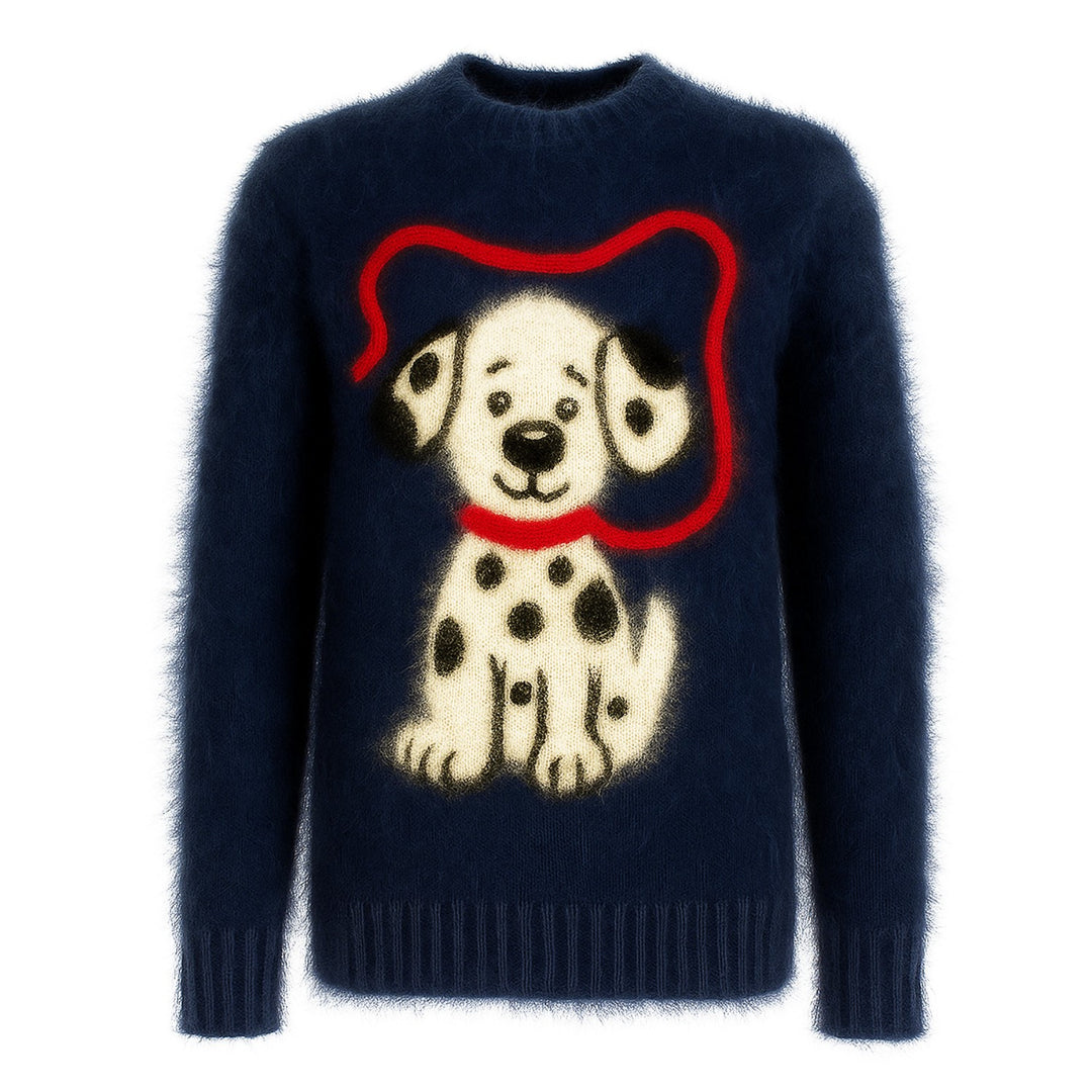 Men's dark blue vintage spotted dog jacquard wool knitwear