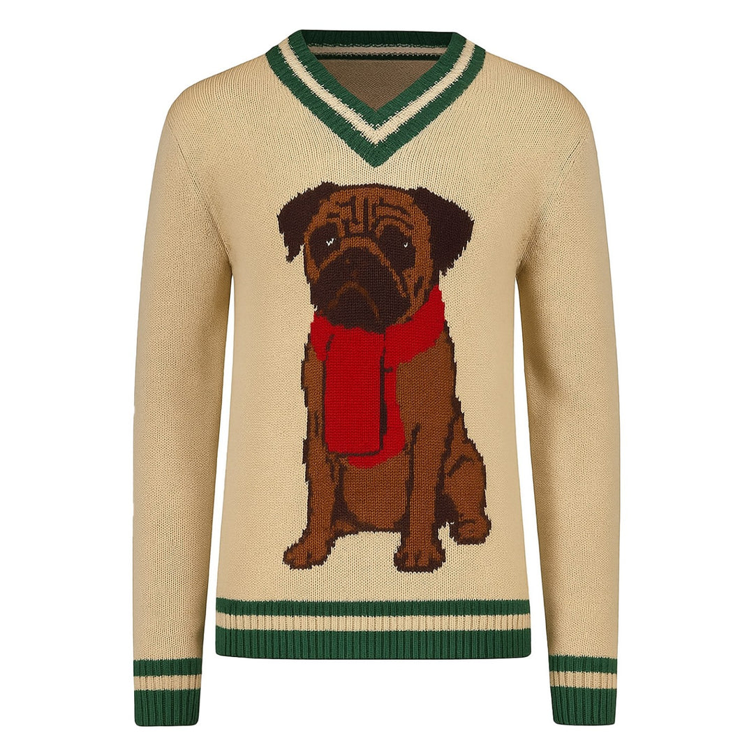 Khakifarbener Hunde-Jacquard-Strickpullover mit V-Ausschnitt für Herren