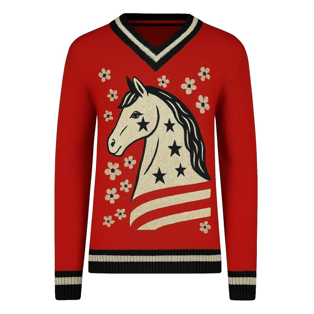 Prendas de punto con cuello en V a cuadros de flores y animales rojos para hombre