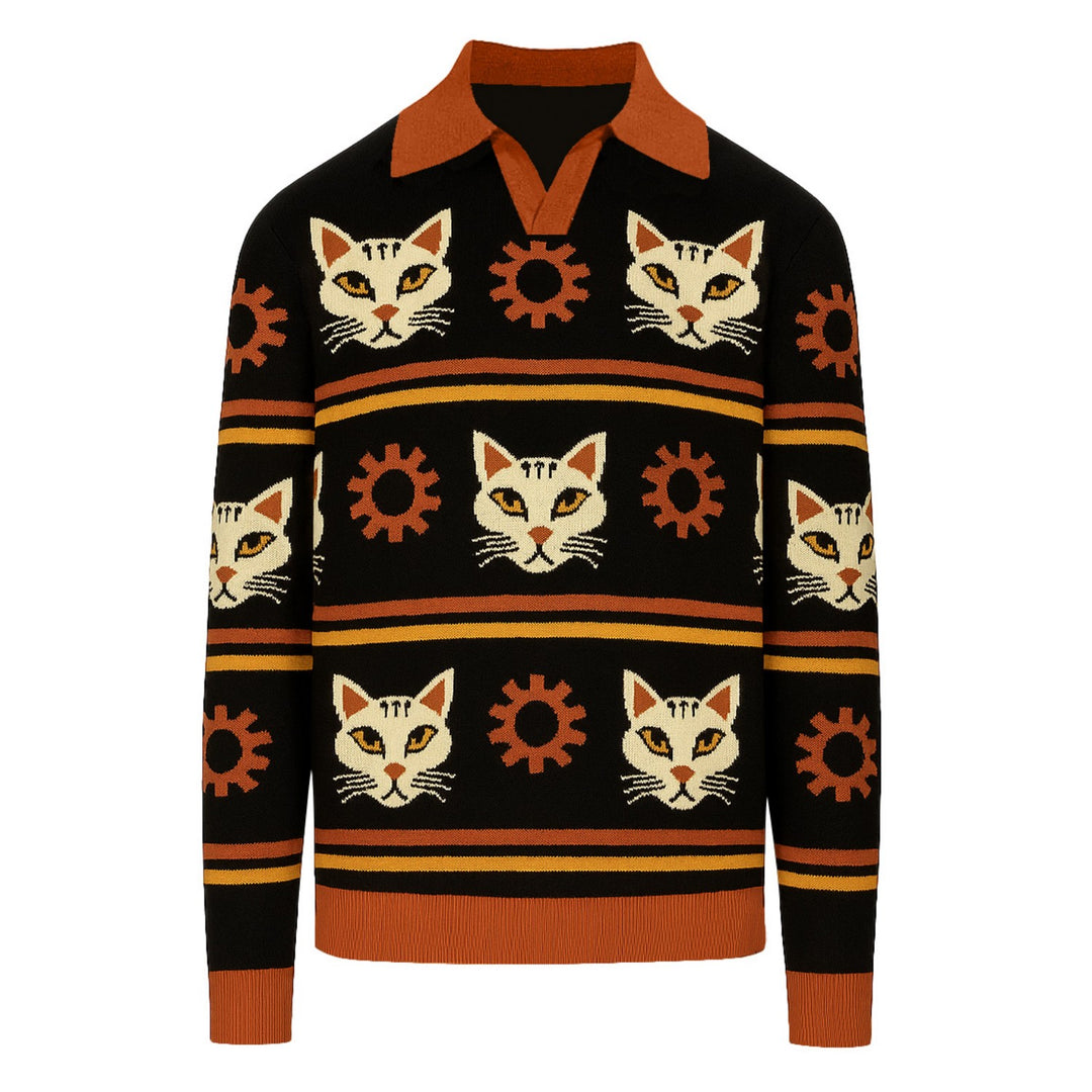 Polo maille col V homme noir graphique chat