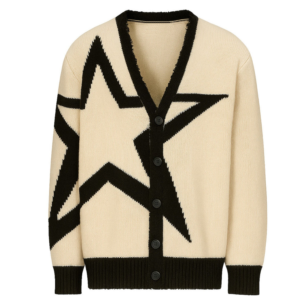 Herrenpulloverjacke aus apricotfarbenem Stern-Jacquard-Strick