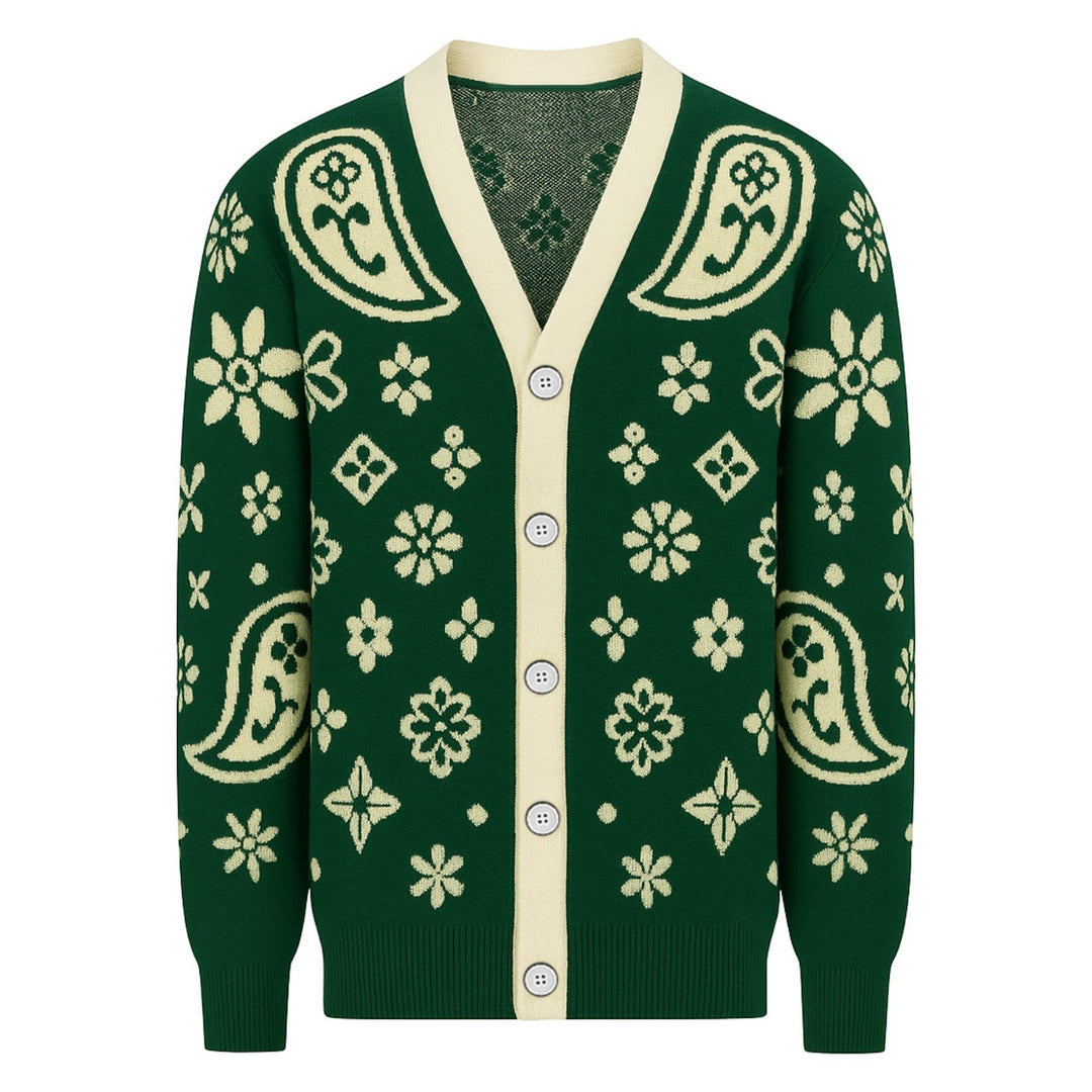 Ανδρικό παλτό ζακάρ με στάμπα Paisley με πράσινο χρώμα