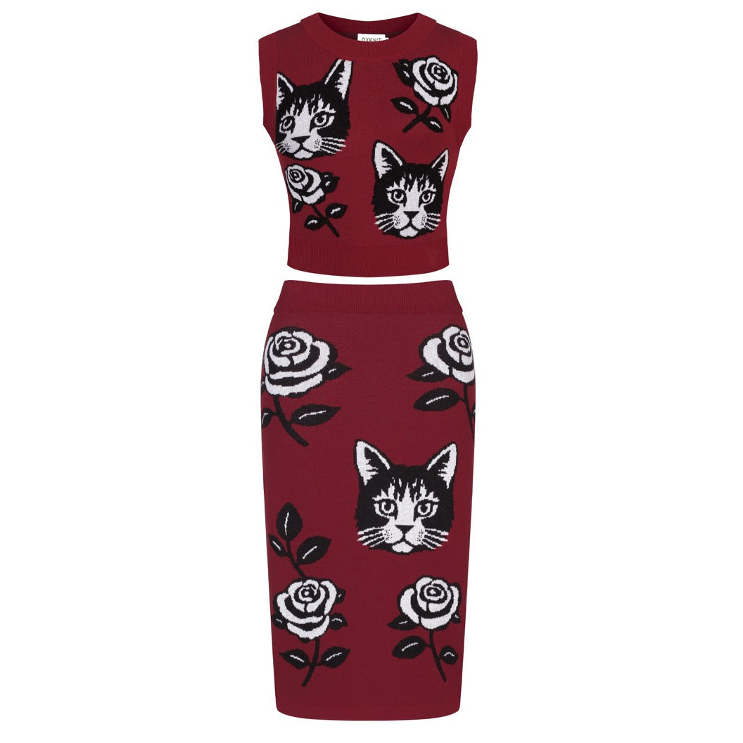 Women's Red cat flower Jacquard vintage vest skirt suit, Red / M