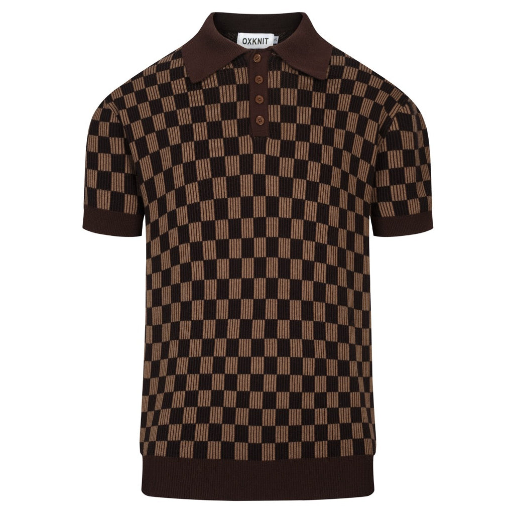Men's Coffee Brown Vintage Minimalist Jacquard Polo Knit Shirt